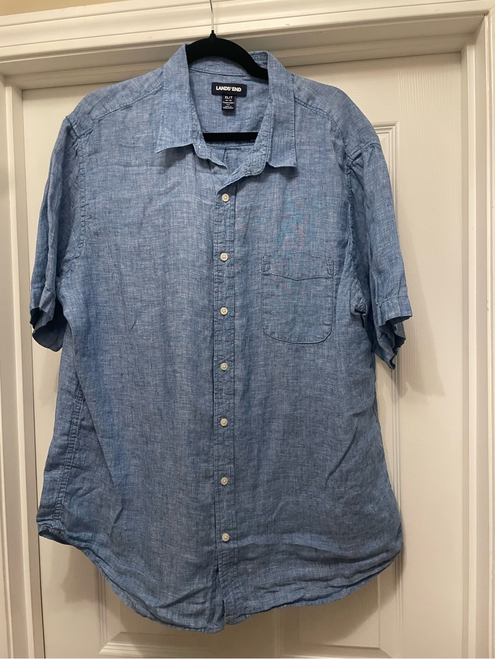 Lands' End Men's Blue 100% Linen Short-Sleeve Button-Up Shirt resort, preppy